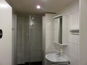 A bathroom with a shower, a sink, and a mirror. - Bredeneeker Gasthaus (Rastorf)