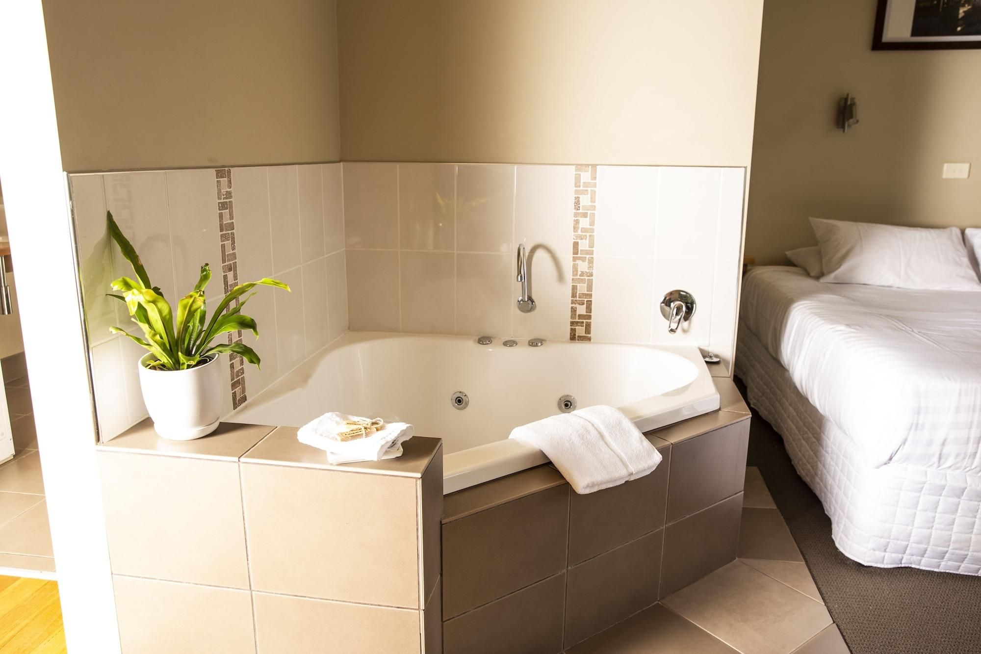 Ein Badezimmer mit einer Badewanne, einer Topfpflanze und einem Handtuch am Rand.