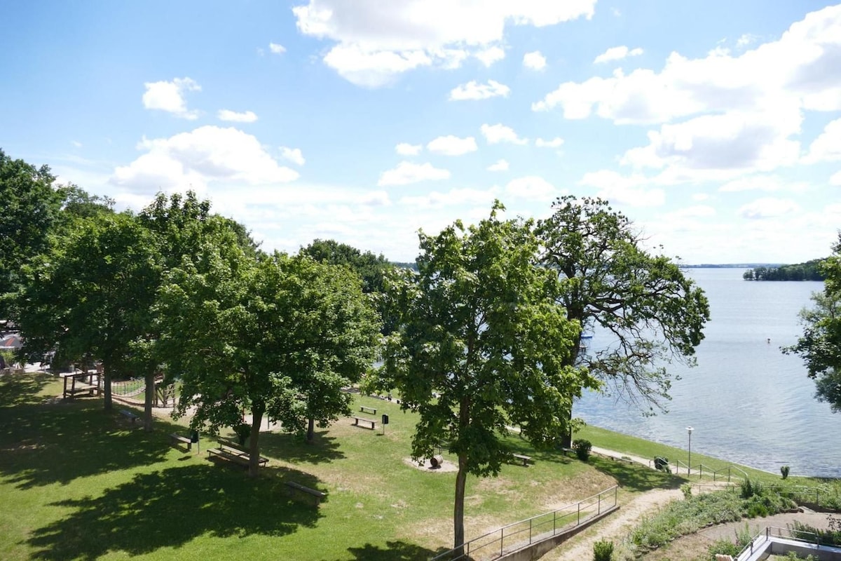 A park with trees, benches, and a lake.