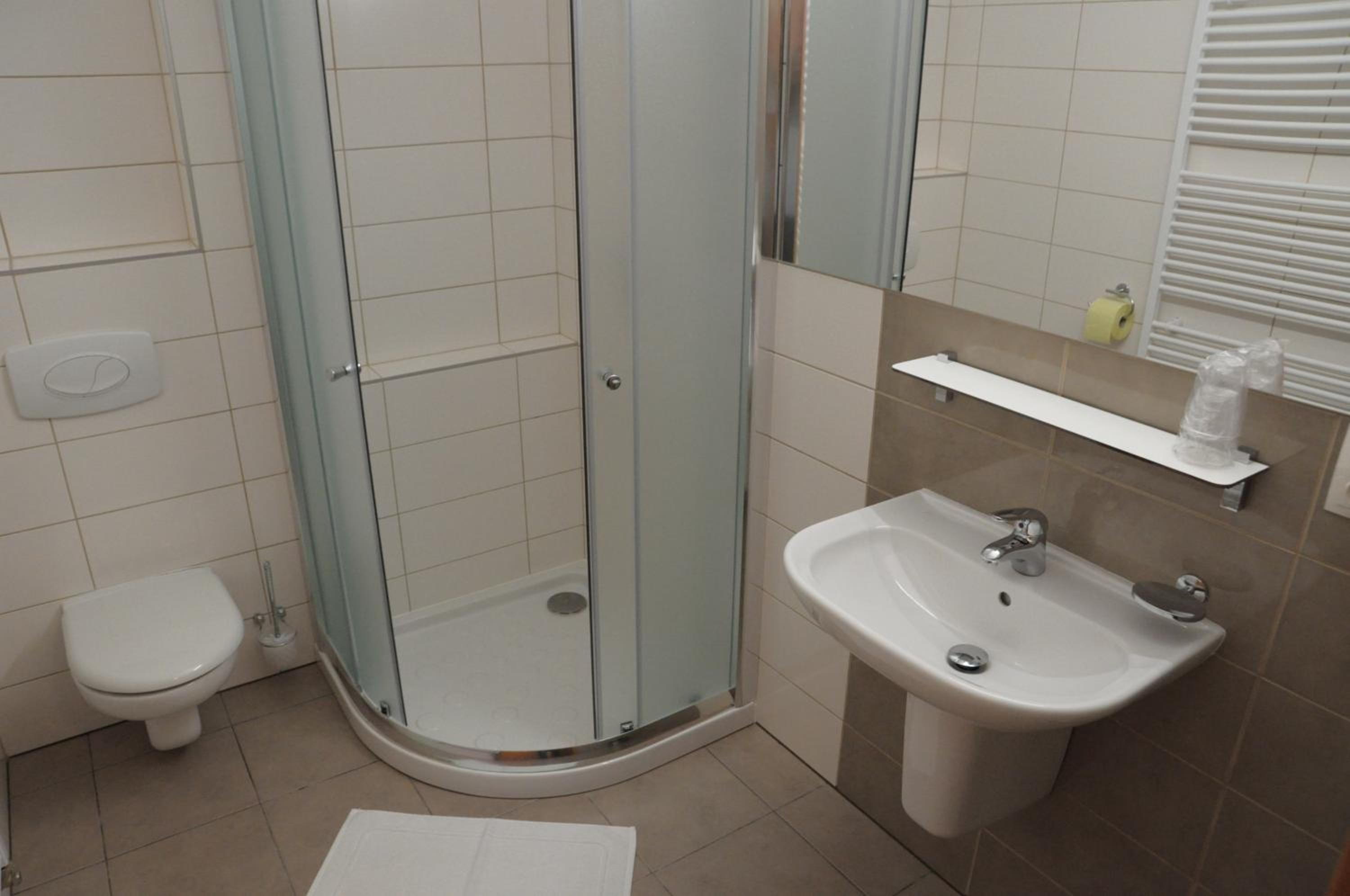 A bathroom with a glass-enclosed shower, a white toilet, and a sink with a mirror above it.