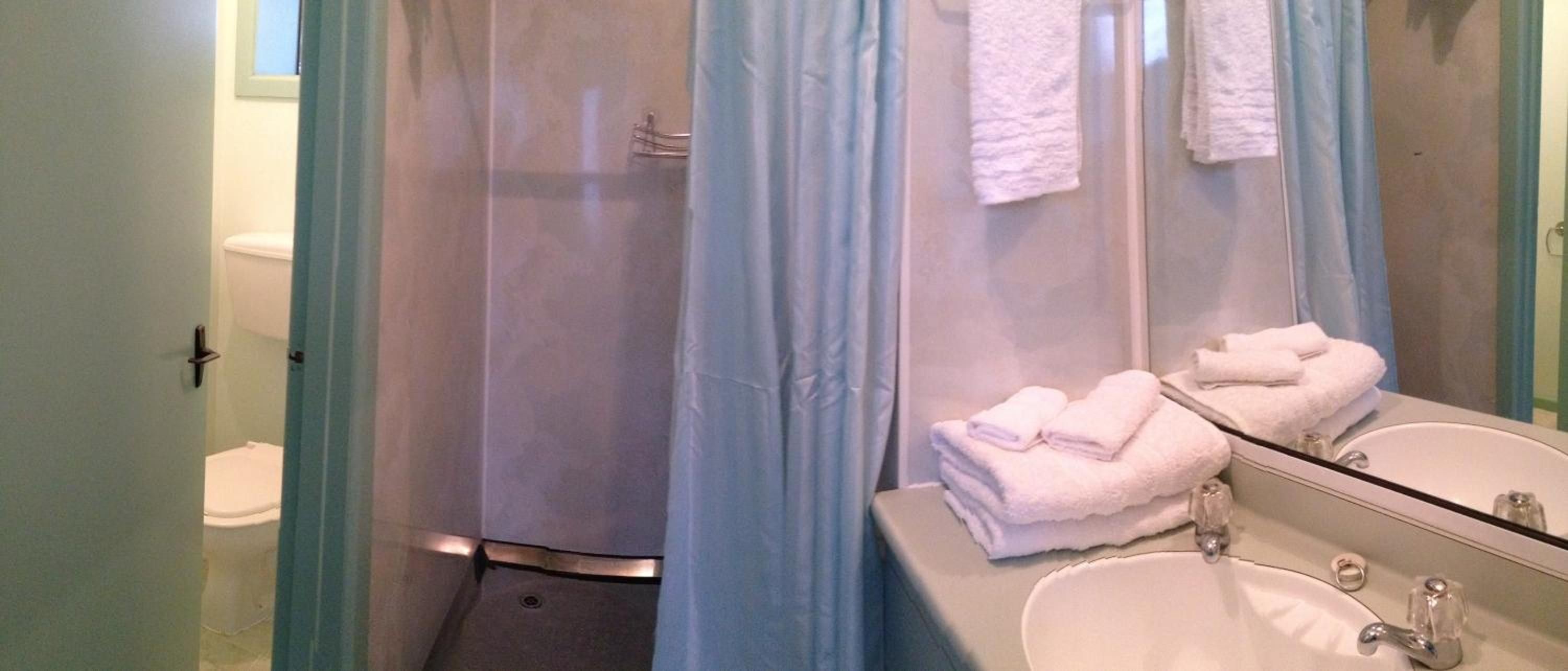 A bathroom with a shower, toilet, and sink.