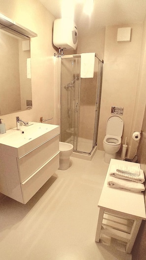 Un baño con ducha de vidrio, inodoro y lavamanos con espejo.