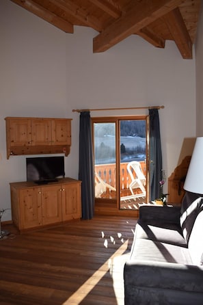 Een woonkamer met houten vloer, een televisie op een houten kast, een bank en door een glazen deur zicht op een buitenruimte met een houten terras en een besneeerd landschap.