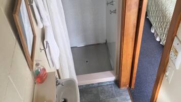 A bathroom with a shower, sink, and a bed visible through an open door.
