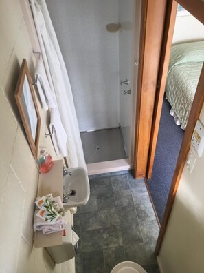 Casa de banho com chuveiro, pia e uma cama visível através de uma porta aberta.