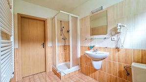 A bathroom with a shower, a sink, and a toilet. - Hotel Bazant (Karlovy Vary)
