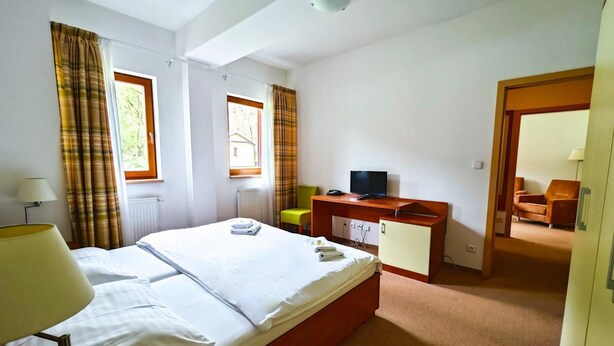 A hotel room with a bed, a desk, a television, and a chair. - Hotel Bazant (Karlovy Vary)