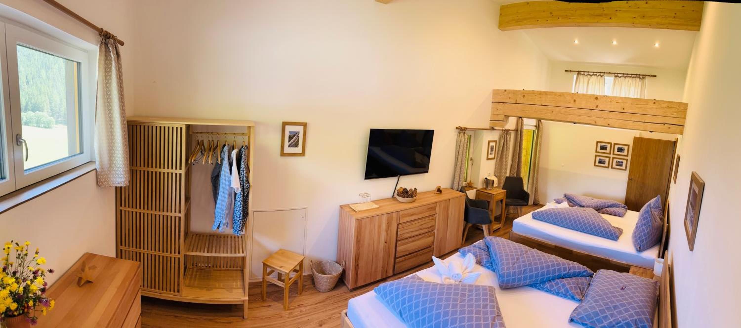 Un dormitorio con cama, televisor, armario y ventana.