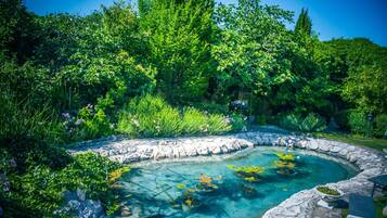 A garden with a clear water feature surrounded by lush greenery and stonework.