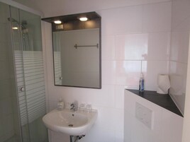 Un baño con cabina de ducha de vidrio, un lavabo blanco y un espejo encima.