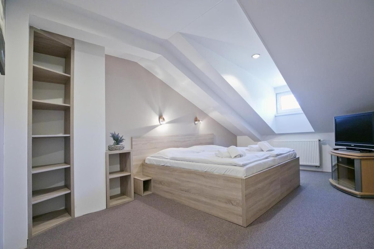 Quarto com teto inclinado, cama, televisão e prateleiras embutidas.