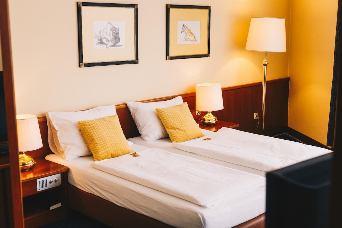A double bed with white linens and two pillows, a bedside table with a lamp, and two framed artworks on the wall.