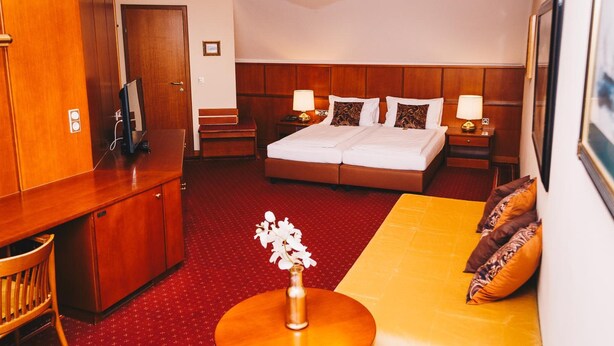 A hotel room with a bed, a desk, a chair, a sofa, a small table, a vase with flowers, and a chandelier. - Paul S Hotel (Knittelfeld)