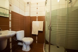 A bathroom with a sink, toilet, and shower.