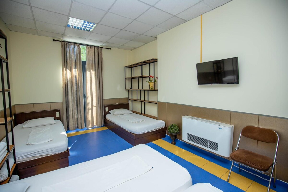 Habitación de hotel con dos camas individuales, un televisor montado en la pared, un radiador y una silla.