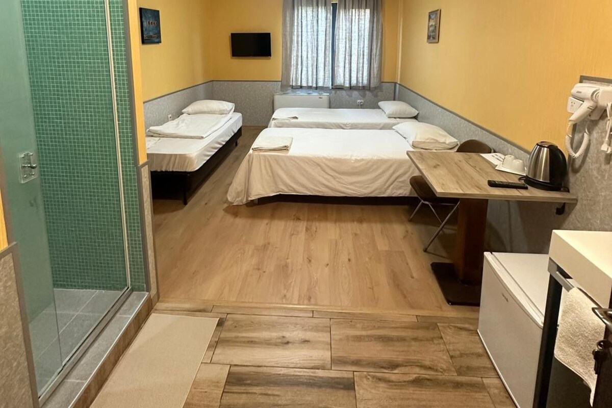 A hotel room with two single beds, a wooden desk, a small kitchenette, and a shower area.