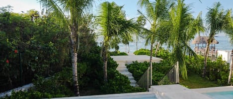 Piscina com vista para o mar, rodeada por palmeiras e uma escadaria que leva a um terraço.