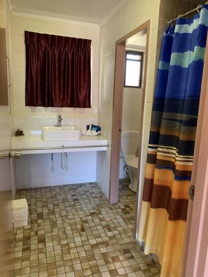 Un baño con lavamanos blanco, un espejo, inodoro y cortina de ducha.