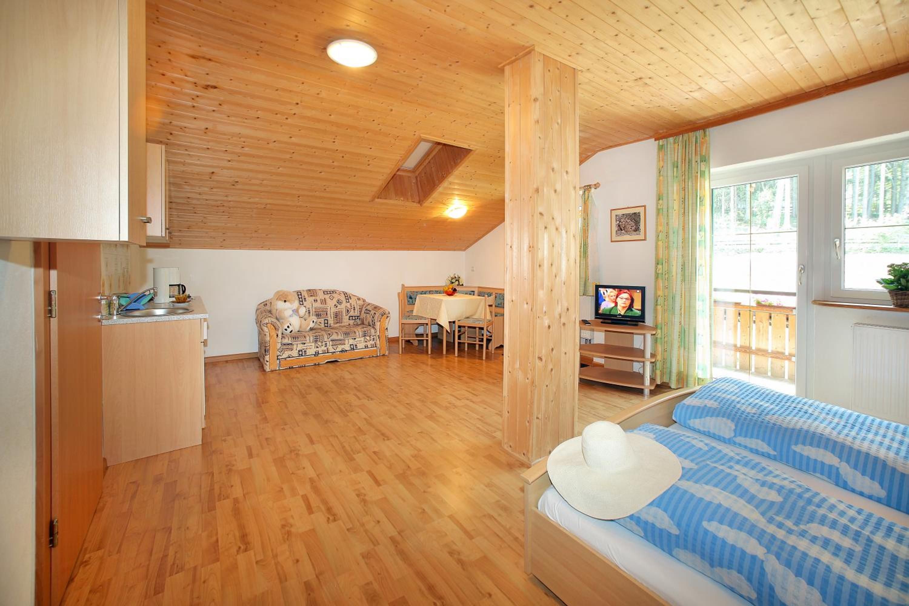A cozy room with a bed, a sofa, a dining table, and a TV.