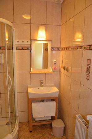A bathroom with a glass shower enclosure, a sink with a mirror above it, and a toilet.