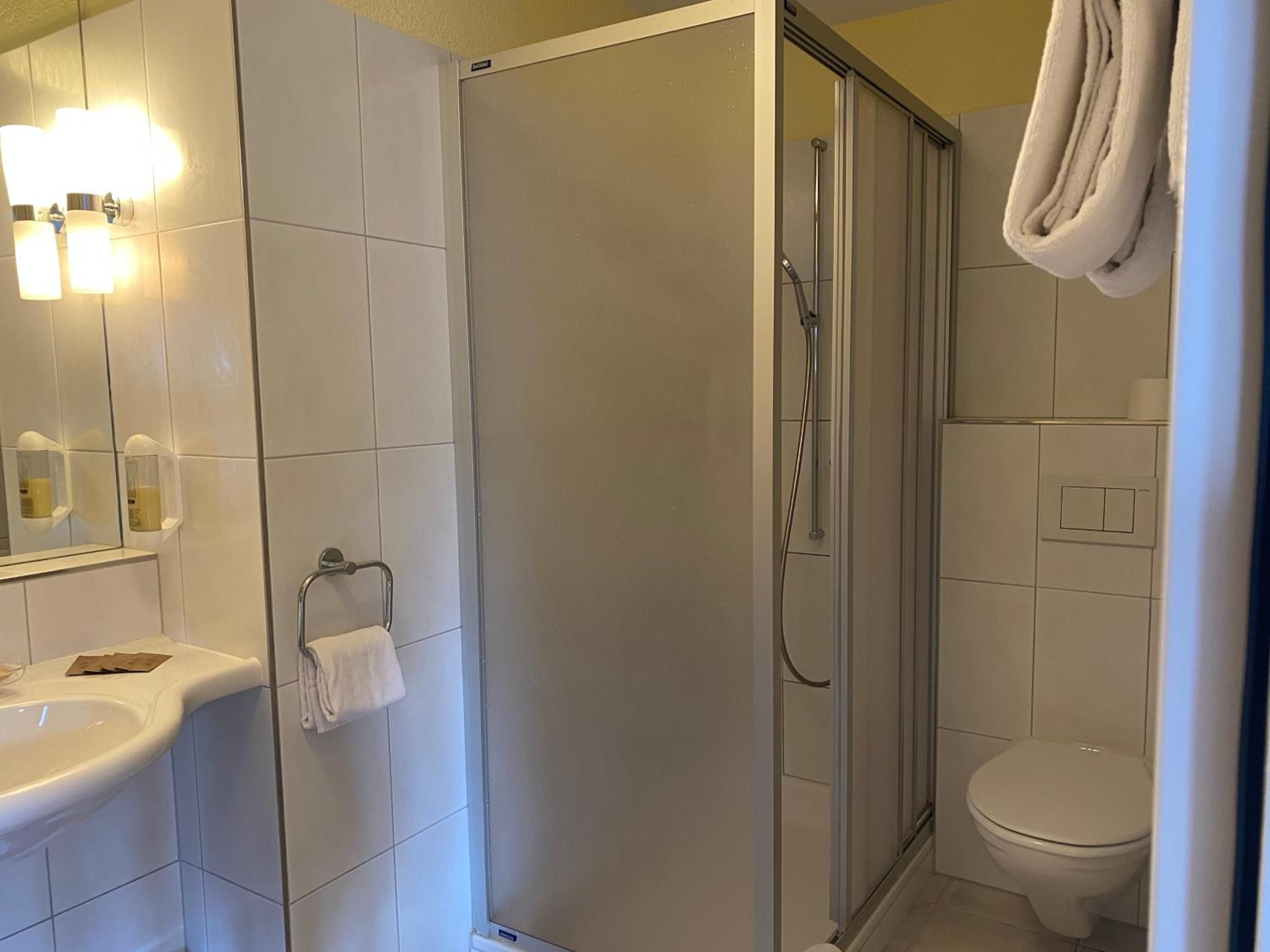 Een badkamer met een douchecabine, een wastafel, een toilet en een handdoekhouder.