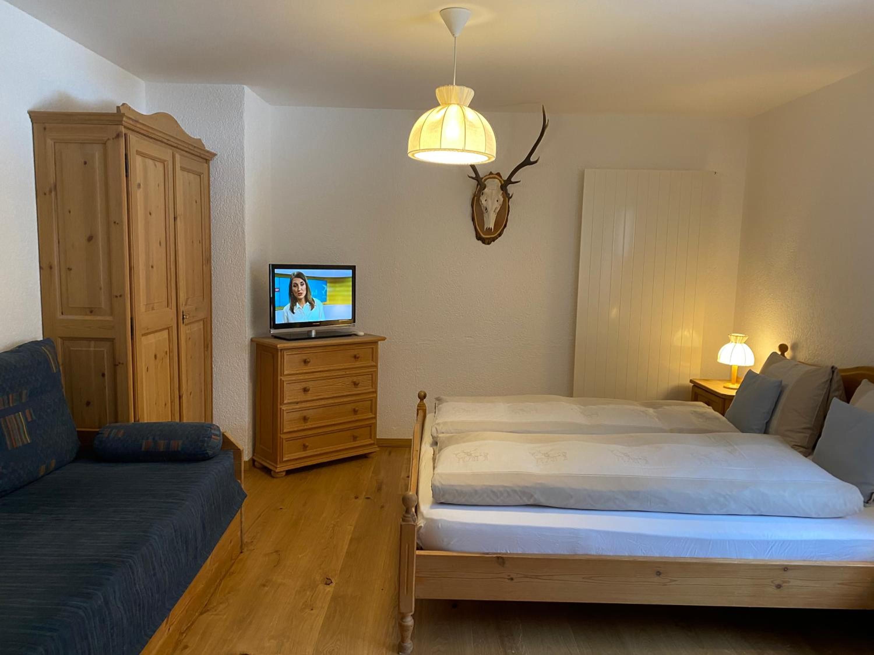 Een slaapkamer met een houten bed, een televisie op een dressoir, een houten garderobe en een decoratieve decoratie van een hertenschut.