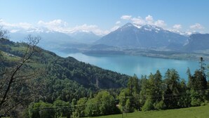 Un paisaje montañoso con un lago, colinas boscosas y un cielo despejado.