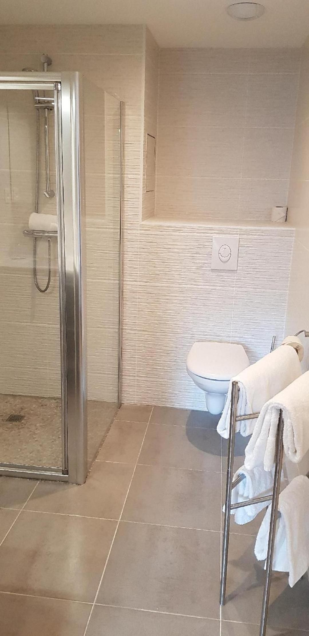 A bathroom with a shower, toilet, and a towel rack.
