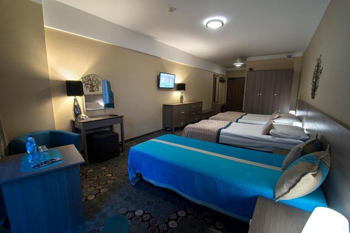 Una habitación de hotel con cama, escritorio, silla y armario.