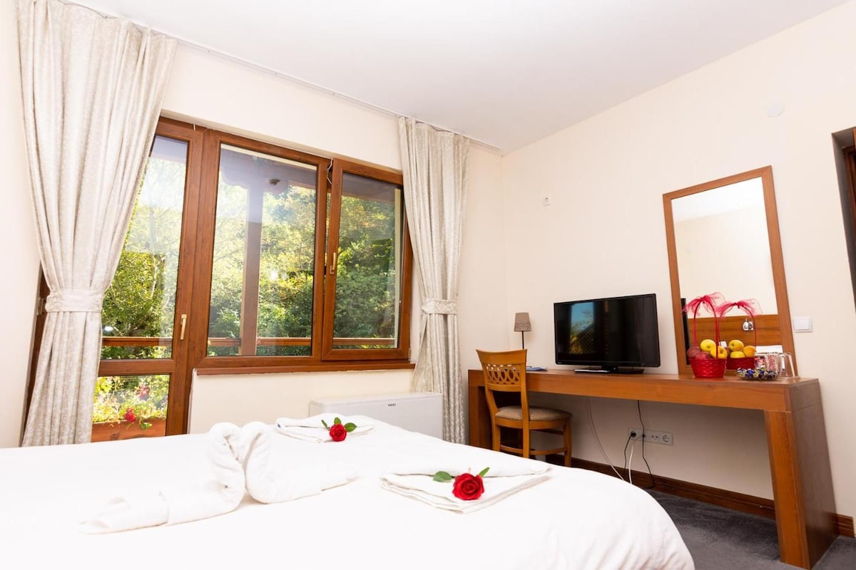 A hotel room with a bed, a desk with a TV, and a window with curtains.