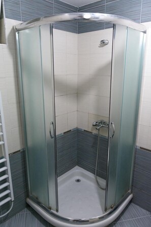 A glass-enclosed shower stall with a corner showerhead and a handheld shower attachment.