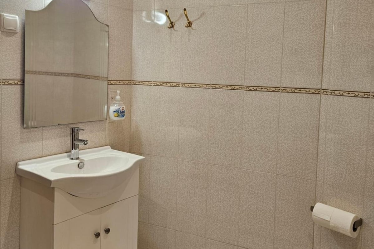 A bathroom with a sink, mirror, toilet paper holder, and a towel rack.