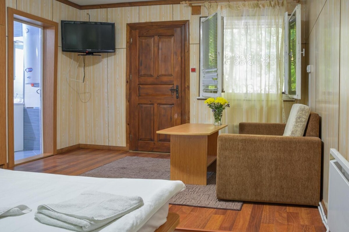 A room with a bed, a wooden table, a sofa, a television, and a window with curtains.
