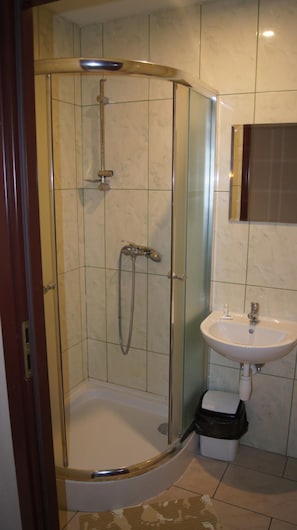 Una ducha con puerta de cristal, un lavabo con espejo y un cubo de basura.