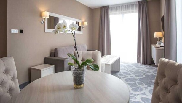 A hotel room with a round table, a sofa, a chair, a small side table, a potted plant, and a window with curtains. - Hotel Rondo (Wabrzezno)