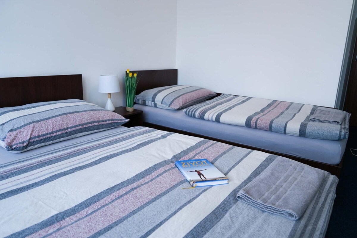 A hotel room with two beds, each with striped bedding and pillows, a bedside table with a lamp and a vase of flowers, and a book on the bed.