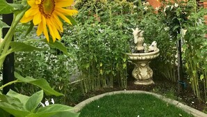 A garden with a sunflower, a fountain, and a rainbow. - Bakery Park Motor Inn (Tocumwal)