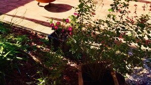 An outdoor patio with a brick barbecue area, outdoor seating, and potted plants. - Bakery Park Motor Inn (Tocumwal)