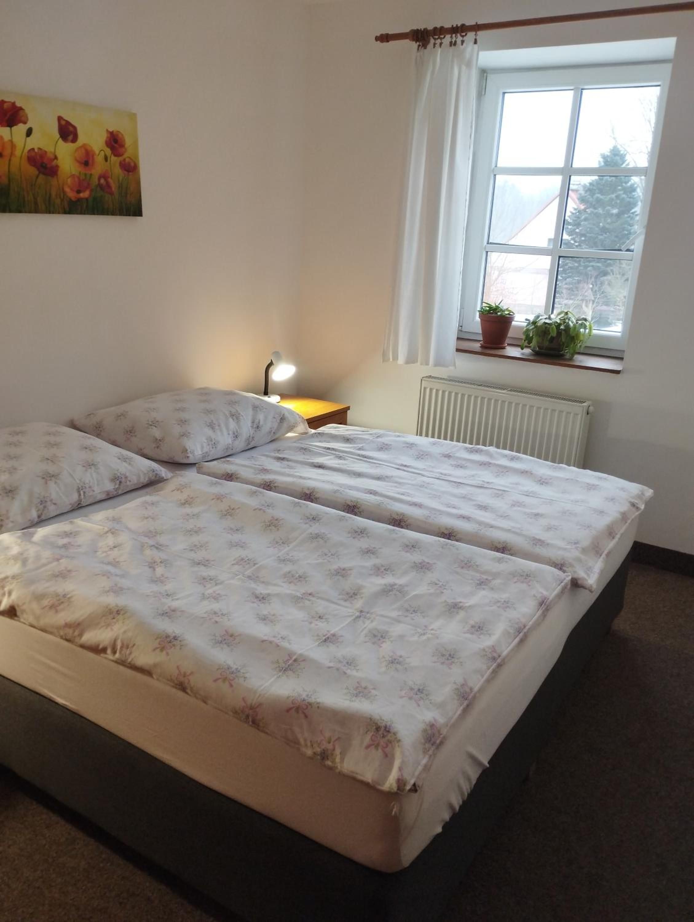 A bedroom with two beds, a bedside table with a lamp, a window with curtains, and a radiator.
