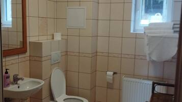 A bathroom with a toilet, sink, mirror, and a window.
