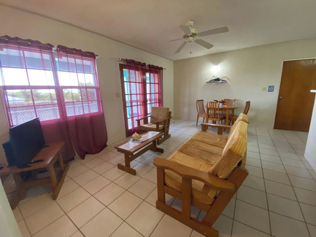 Un salon comprenant un canapé, des fauteuils, une table basse, un téléviseur et un ventilateur de plafond.