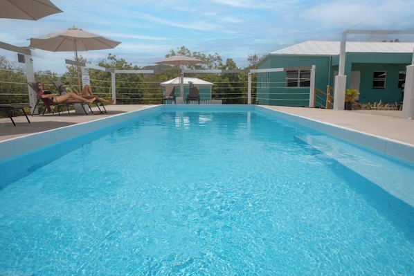 A rectangular swimming pool with clear blue water, surrounded by lounge chairs and umbrellas.
