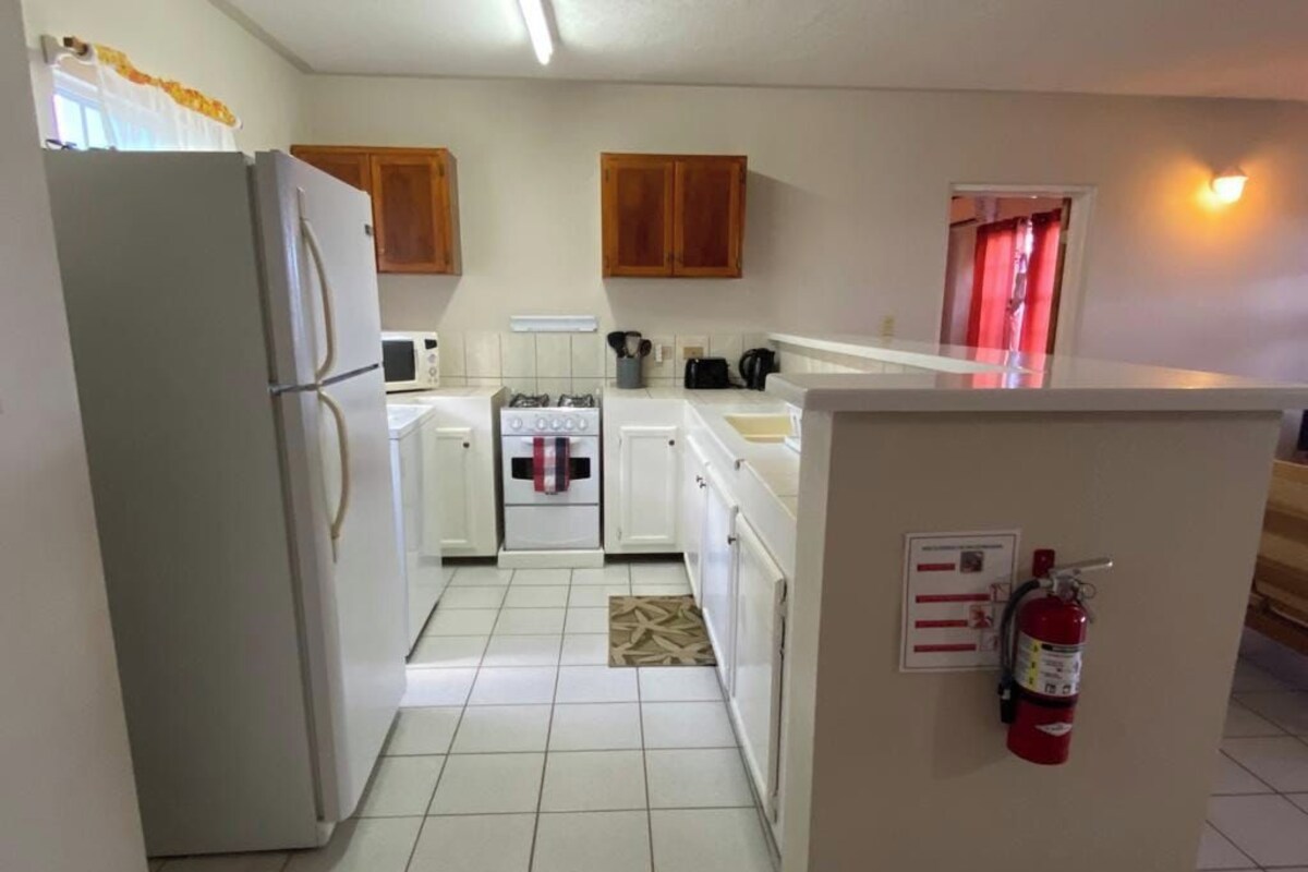 A compact kitchen with white appliances, wooden cabinets, and a fire extinguisher.