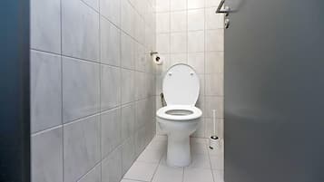 A bathroom with a toilet, a toilet paper holder, and a bidet.