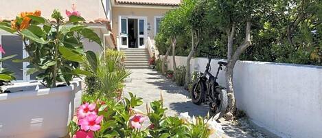 A pathway leading to a building with a white exterior and a bicycle parked by the side.
