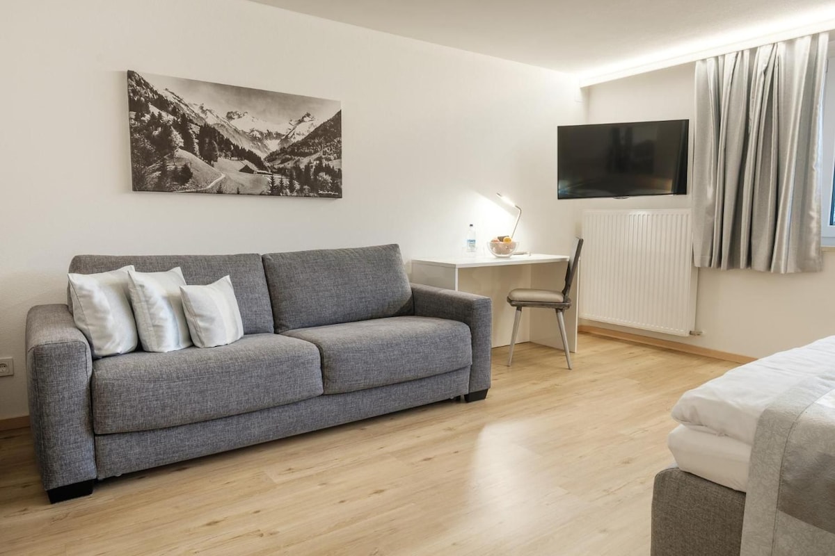 Quarto moderno com sofá cinza, escrivaninha, cadeira, TV de tela plana e radiador.