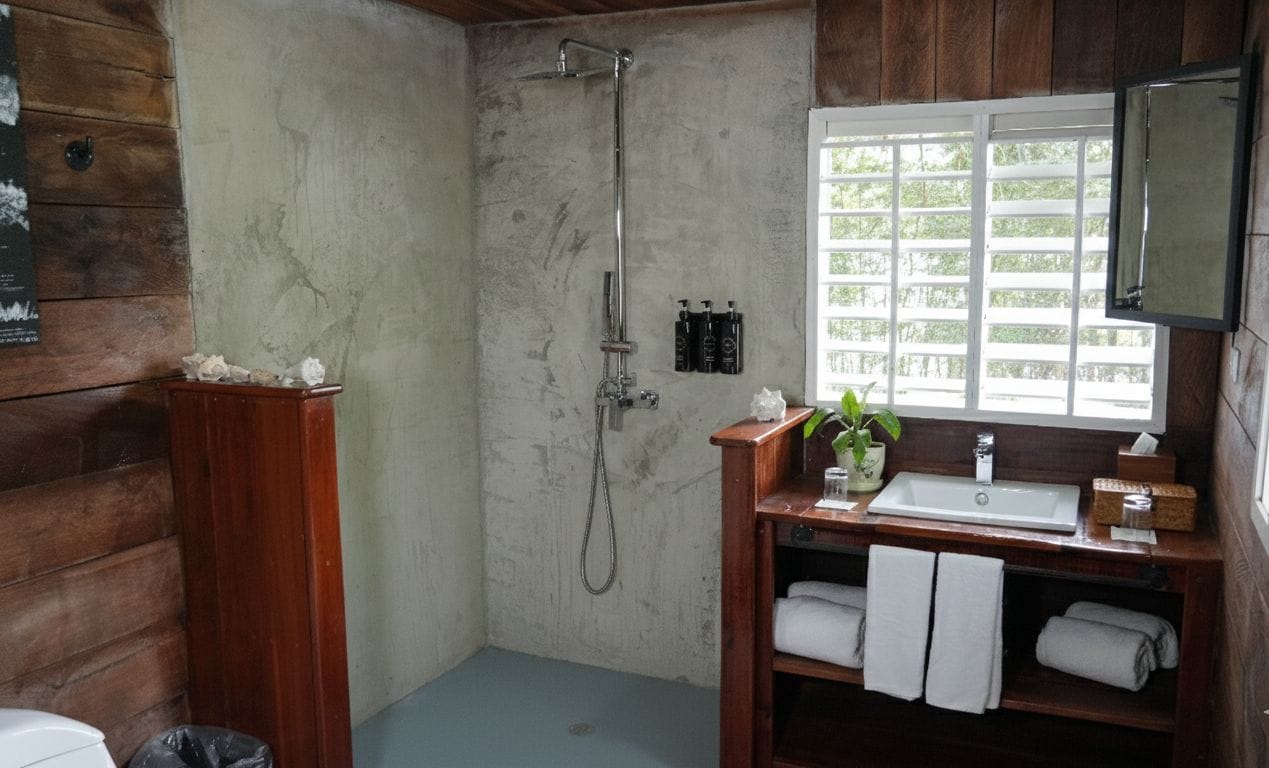 A wooden bathroom with a shower, sink, and mirror.