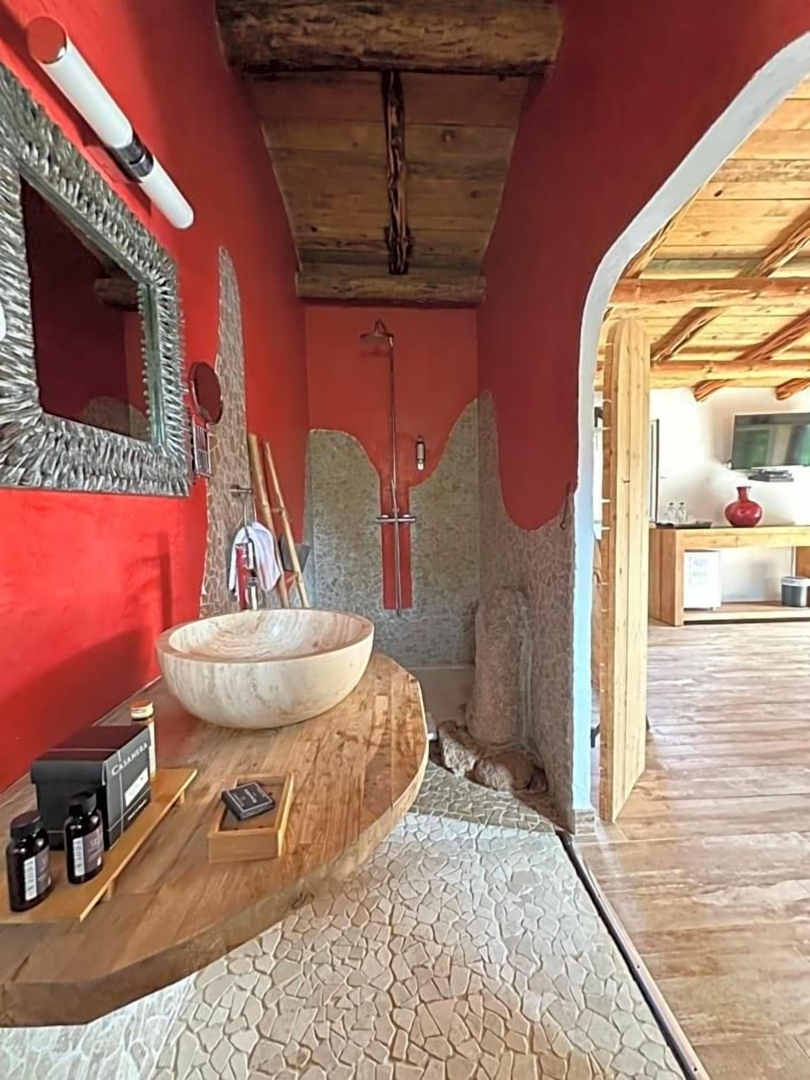 Une salle de bain avec un grand lavabo en bois, un miroir et un espace douche.