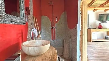 Une salle de bain avec un grand lavabo en bois, un miroir et un espace douche.