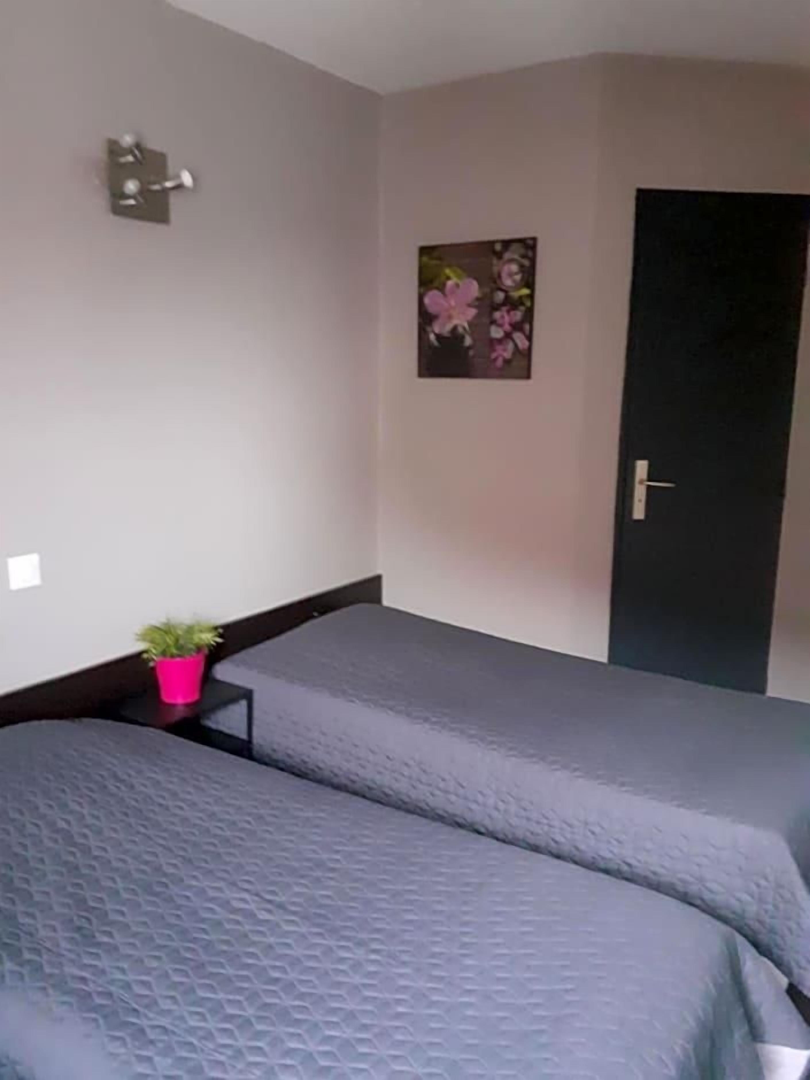 Quarto com duas camas, uma porta, luminária fixada na parede e um vaso pequeno com planta.